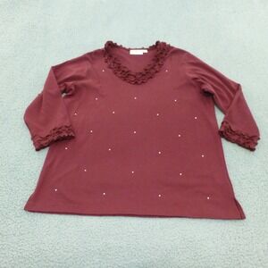 Quacker Factory Top Burgundy Ruffle V-Neck Rhinestone 3/4 Sleeve Cotton Large